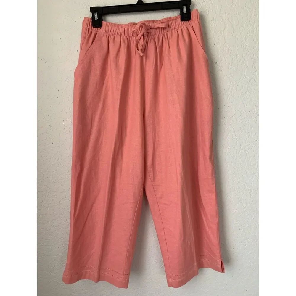 Erika Light Pink Elastic-Waist Linen Blend Cropped Pants Size L
